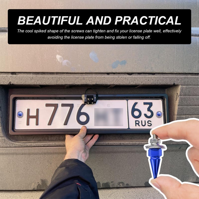 SHMZK 4 PCS Spikes License Plate Screws for Car, Anti Theft Spike Shape Aluminum Car Plate Frame Fastenings Bolt, Cool Licence Plate Screw Set for Car Truck Motorcycle, Car Accessories (Blue) - Image 5